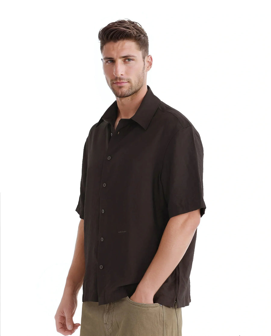 Rare Rabbit Men's Flo Dark Brown Viscose Blend Plain Boxy Fit Half Sleeve Collared Shirt