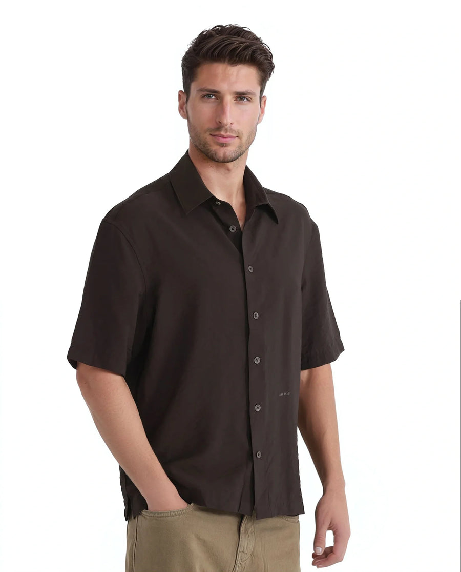 Rare Rabbit Men's Flo Dark Brown Viscose Blend Plain Boxy Fit Half Sleeve Collared Shirt