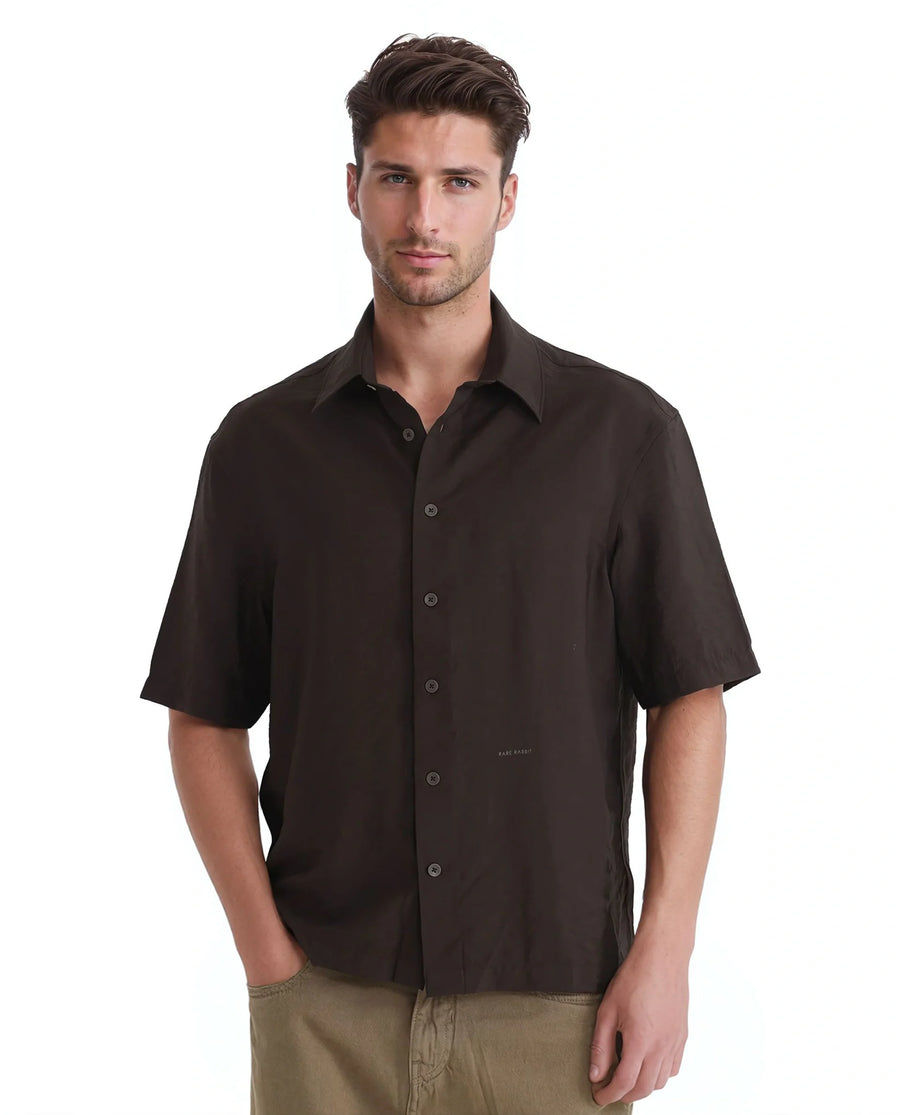 Rare Rabbit Men's Flo Dark Brown Viscose Blend Plain Boxy Fit Half Sleeve Collared Shirt