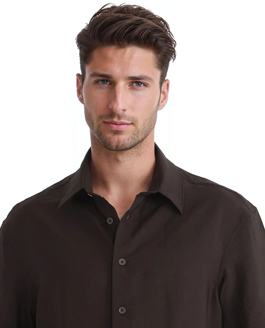 Rare Rabbit Men's Flo Dark Brown Viscose Blend Plain Boxy Fit Half Sleeve Collared Shirt