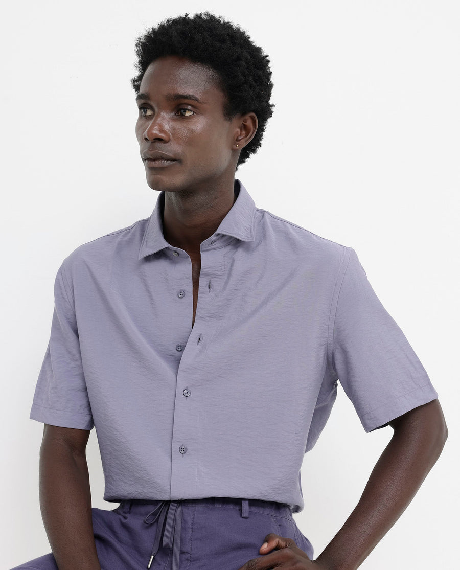 Rare Rabbit Men's Flo Dusky Purple Viscose Textured Boxy Fit Half Sleeve Collared Shirt
