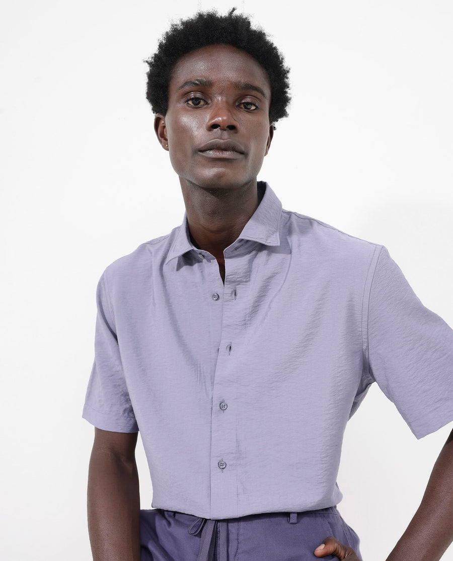 Rare Rabbit Men's Flo Dusky Purple Viscose Textured Boxy Fit Half Sleeve Collared Shirt