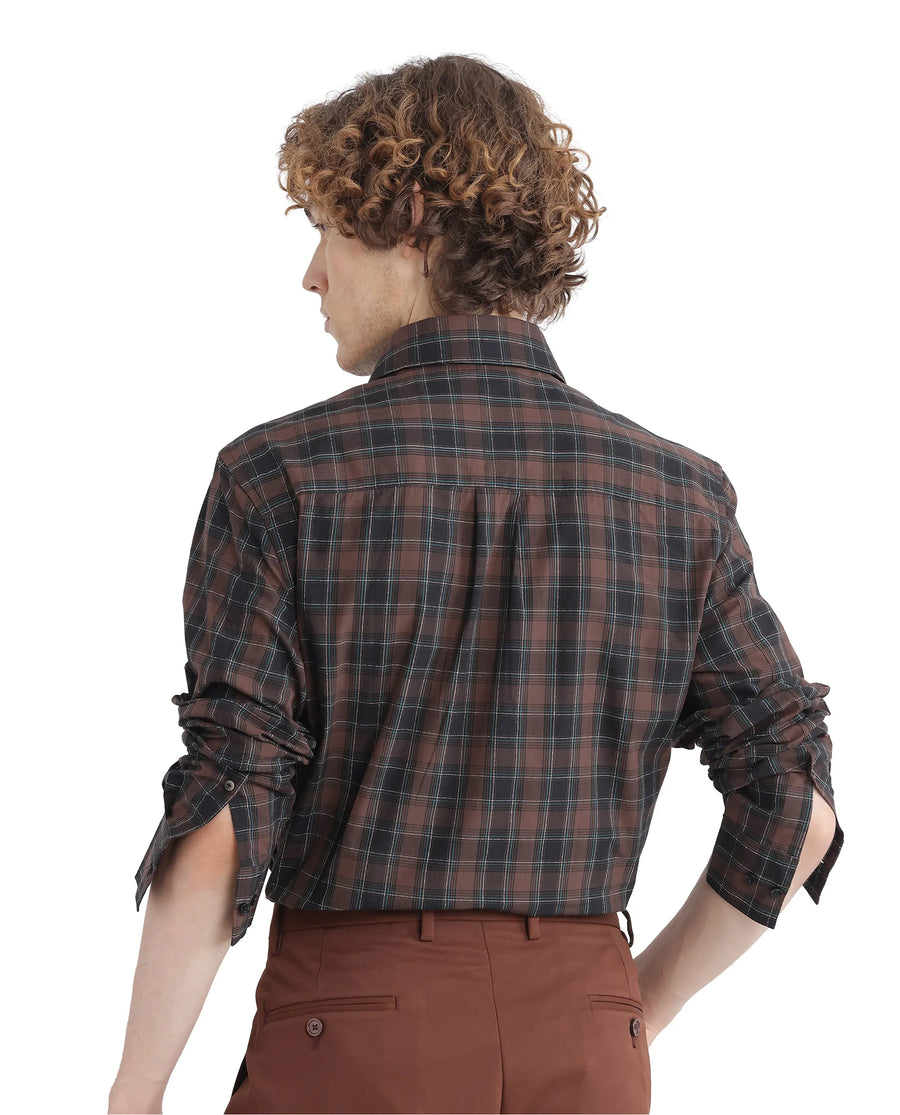 Rare Rabbit Men's Flor Dark Brown Checked Print Regular Fit Full Sleeve Collared Shirt