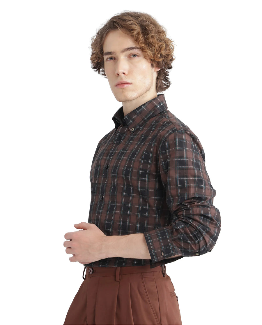 Rare Rabbit Men's Flor Dark Brown Checked Print Regular Fit Full Sleeve Collared Shirt