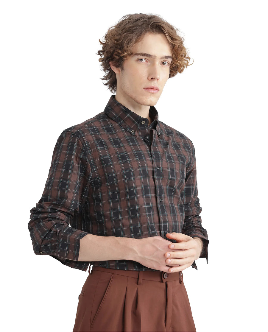 Rare Rabbit Men's Flor Dark Brown Checked Print Regular Fit Full Sleeve Collared Shirt