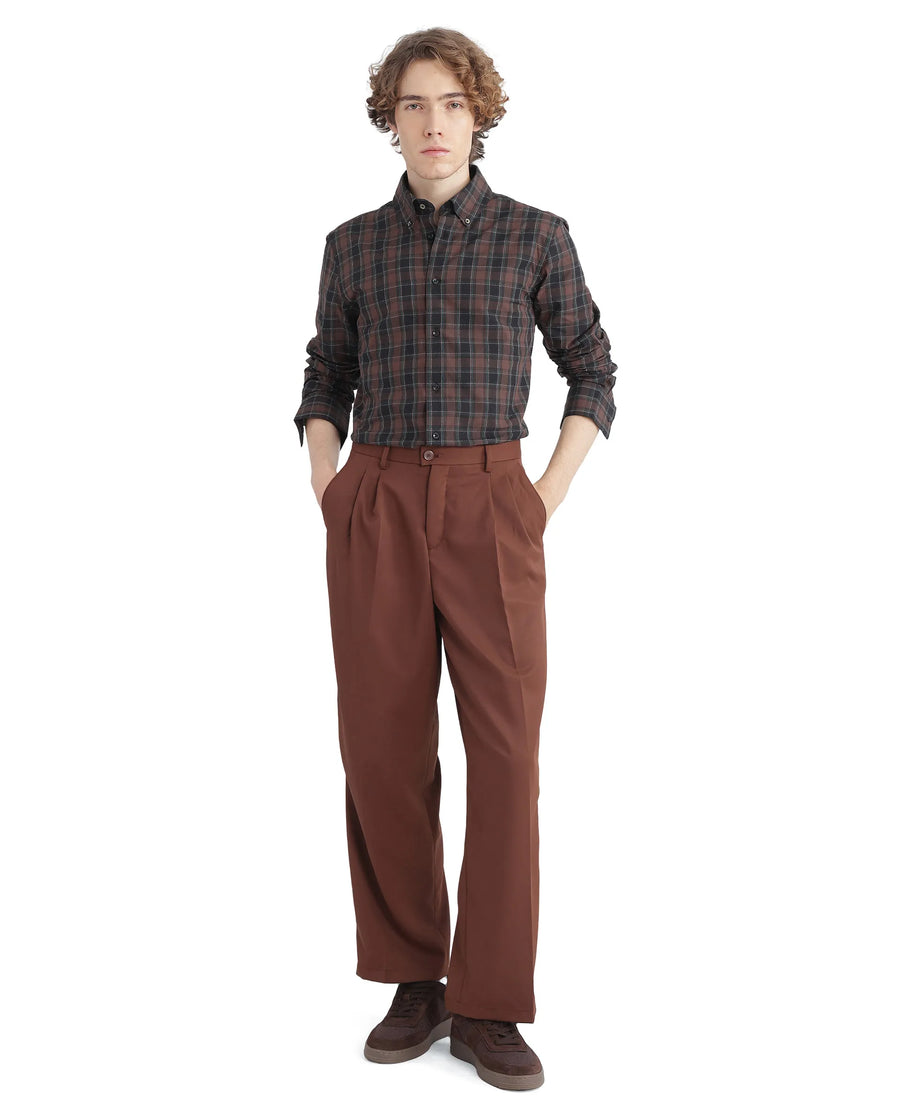 Rare Rabbit Men's Flor Dark Brown Checked Print Regular Fit Full Sleeve Collared Shirt