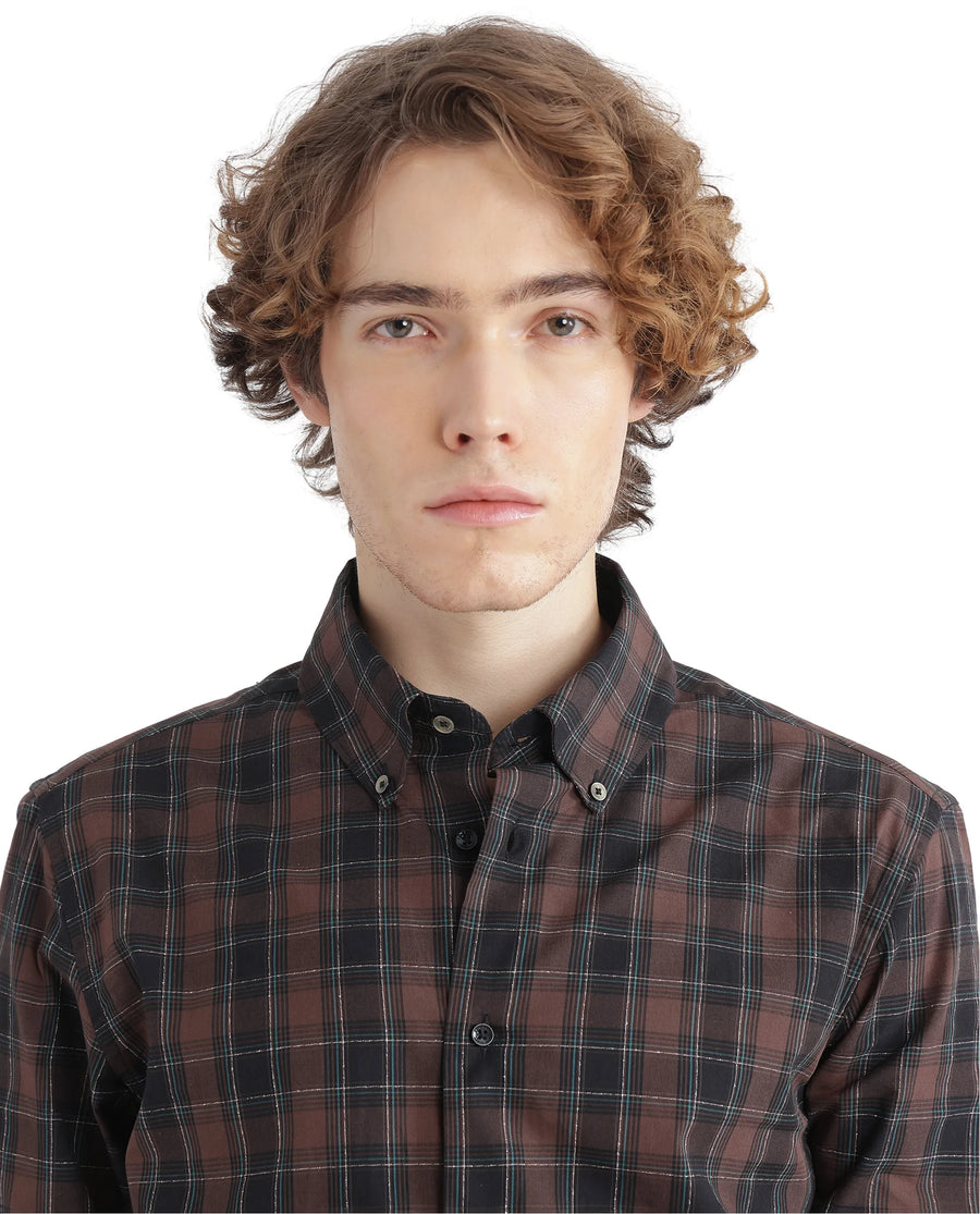 Rare Rabbit Men's Flor Dark Brown Checked Print Regular Fit Full Sleeve Collared Shirt