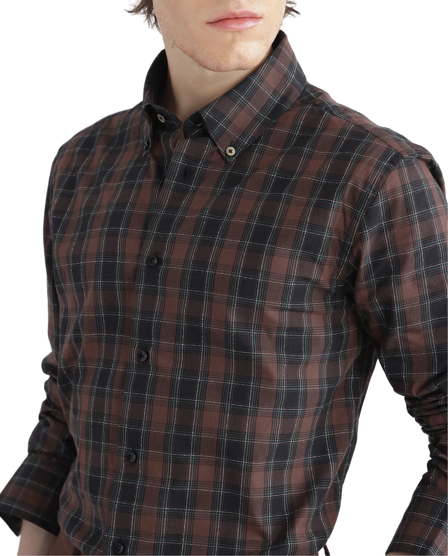 Rare Rabbit Men's Flor Dark Brown Checked Print Regular Fit Full Sleeve Collared Shirt