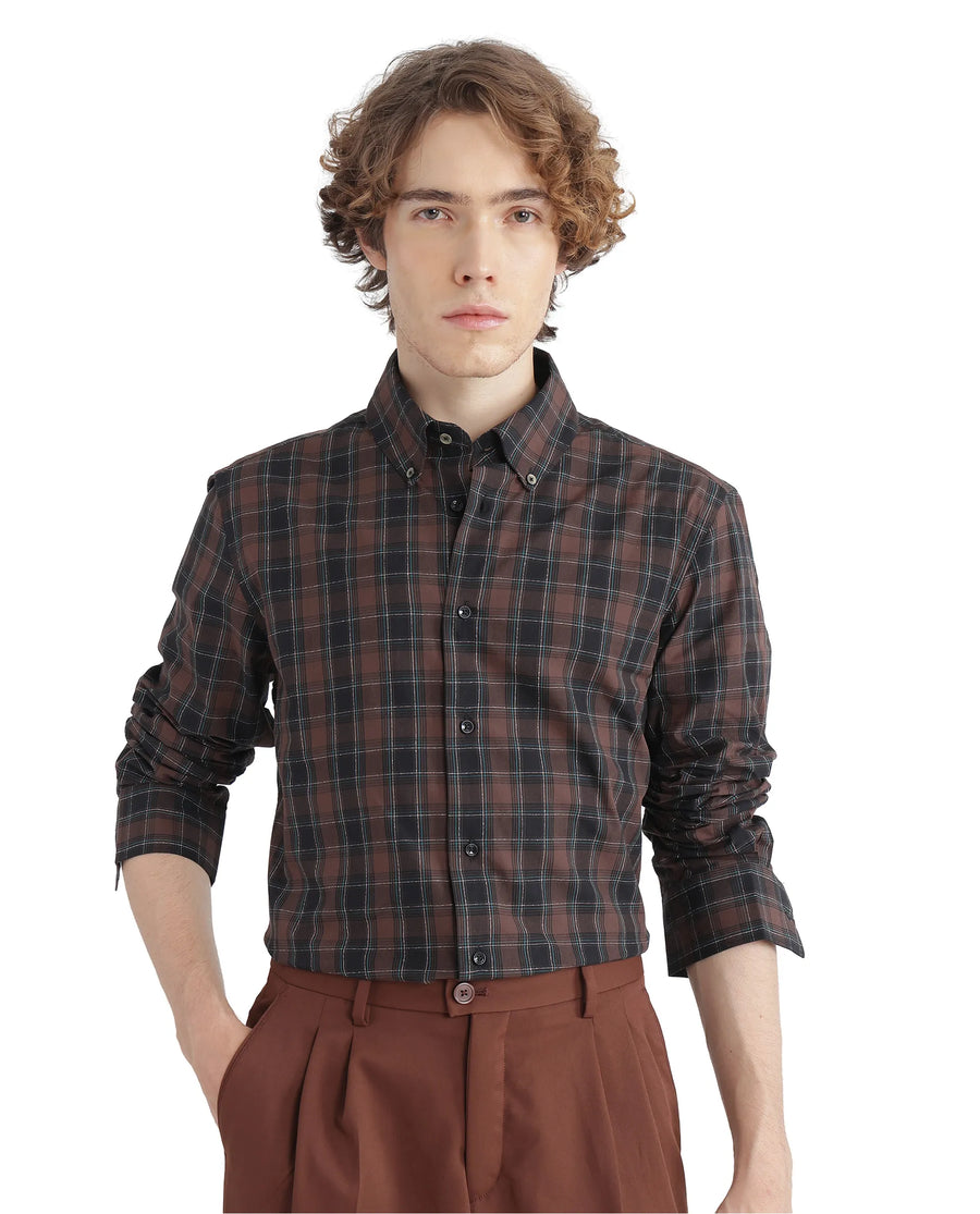 Rare Rabbit Men's Flor Dark Brown Checked Print Regular Fit Full Sleeve Collared Shirt