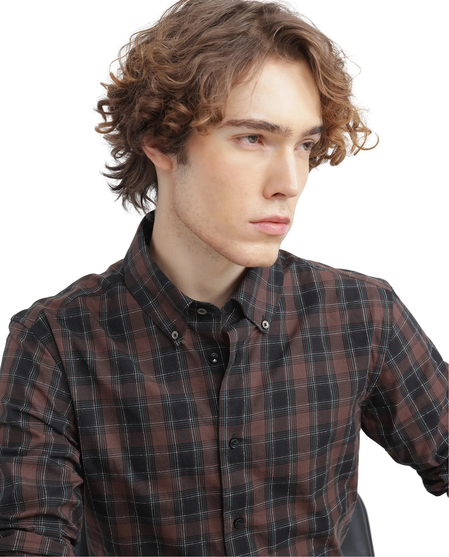 Rare Rabbit Men's Flor Dark Brown Checked Print Regular Fit Full Sleeve Collared Shirt