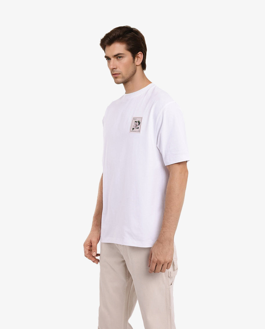 Rare Rabbit Men's Flores White Cotton Graphic Print Oversized Fit Half Sleeve Crew Neck T-Shirt