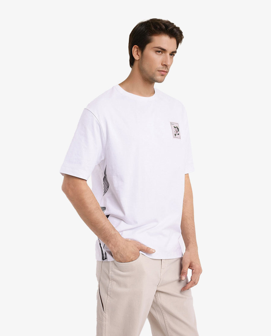Rare Rabbit Men's Flores White Cotton Graphic Print Oversized Fit Half Sleeve Crew Neck T-Shirt