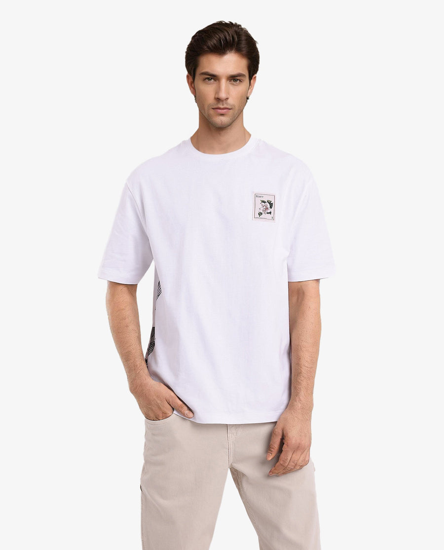 Rare Rabbit Men's Flores White Cotton Graphic Print Oversized Fit Half Sleeve Crew Neck T-Shirt
