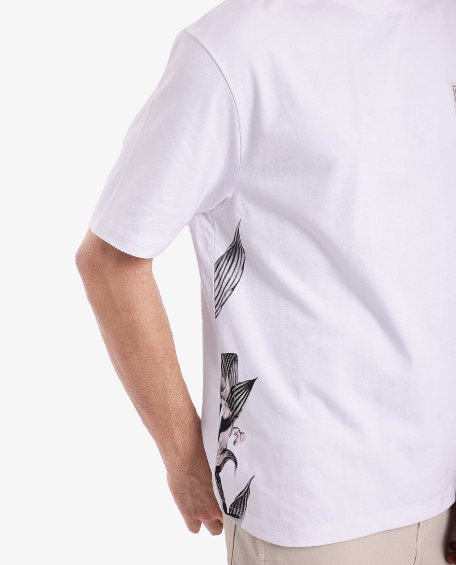 Rare Rabbit Men's Flores White Cotton Graphic Print Oversized Fit Half Sleeve Crew Neck T-Shirt