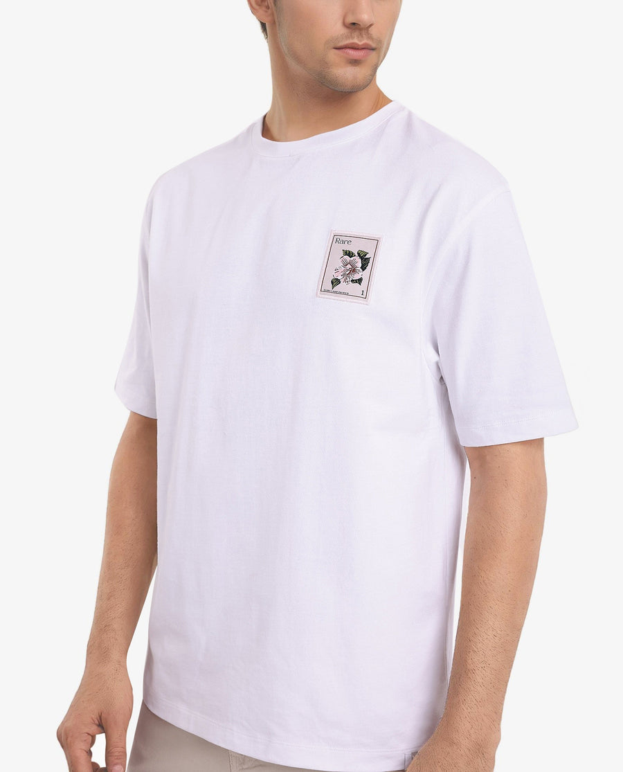 Rare Rabbit Men's Flores White Cotton Graphic Print Oversized Fit Half Sleeve Crew Neck T-Shirt