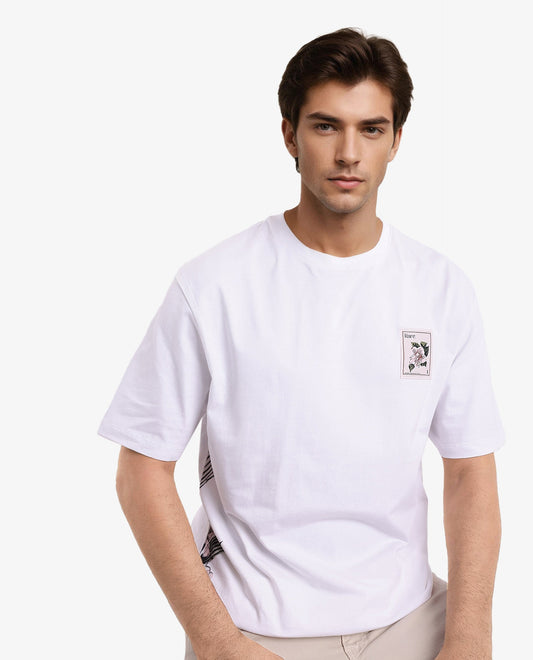 Rare Rabbit Men's Flores White Cotton Graphic Print Oversized Fit Half Sleeve Crew Neck T-Shirt