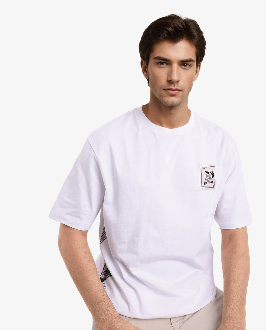 Rare Rabbit Men's Flores White Cotton Graphic Print Oversized Fit Half Sleeve Crew Neck T-Shirt