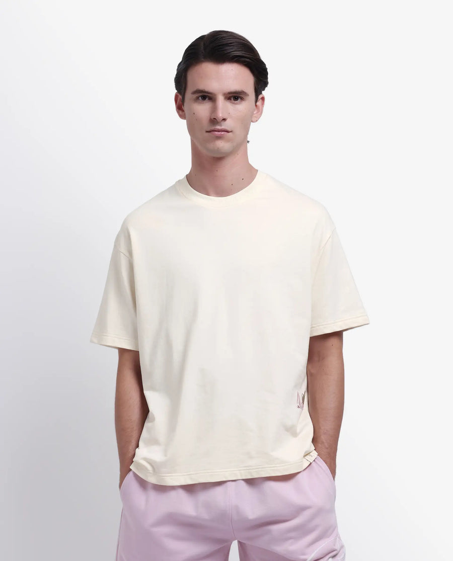 Rare Rabbit Men's Fluen Off White Cotton Graphic Print Oversized Fit Half Sleeve Crew Neck T-Shirt