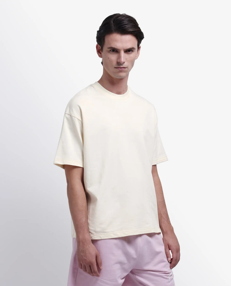 Rare Rabbit Men's Fluen Off White Cotton Graphic Print Oversized Fit Half Sleeve Crew Neck T-Shirt