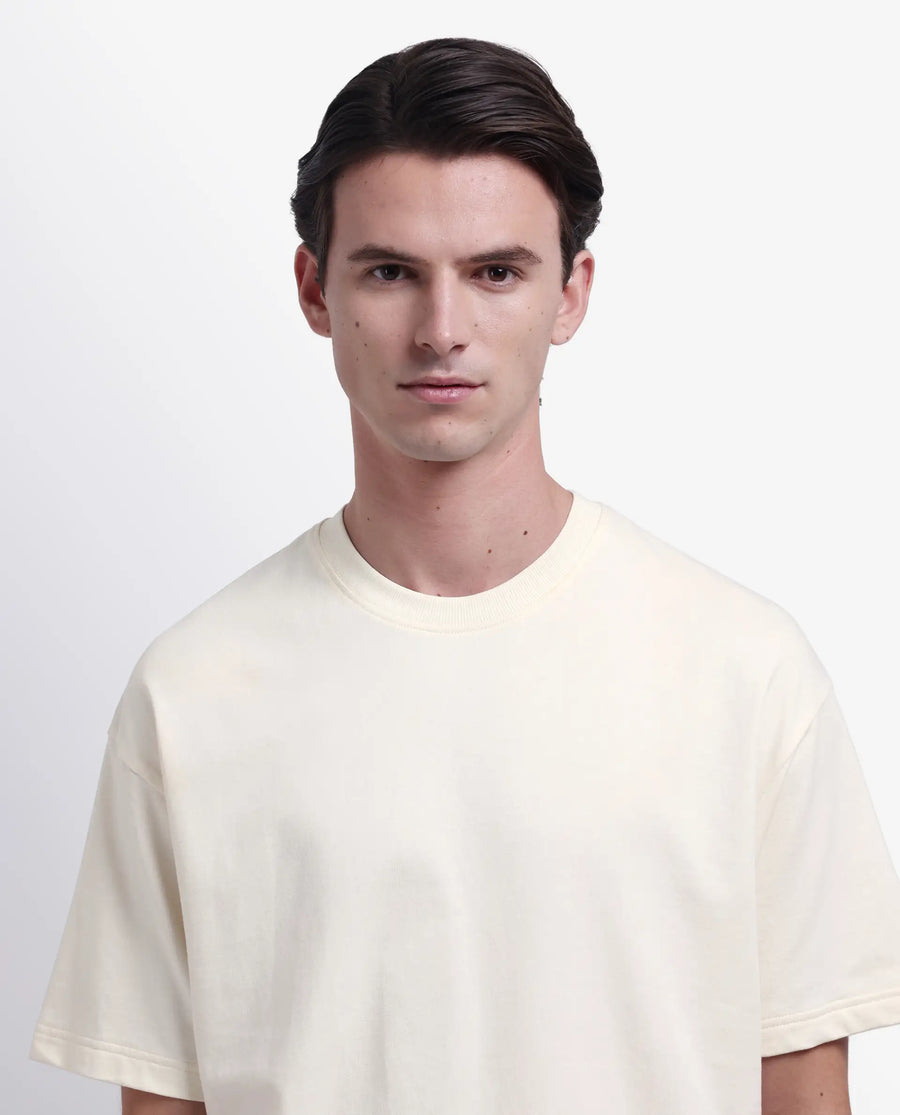 Rare Rabbit Men's Fluen Off White Cotton Graphic Print Oversized Fit Half Sleeve Crew Neck T-Shirt