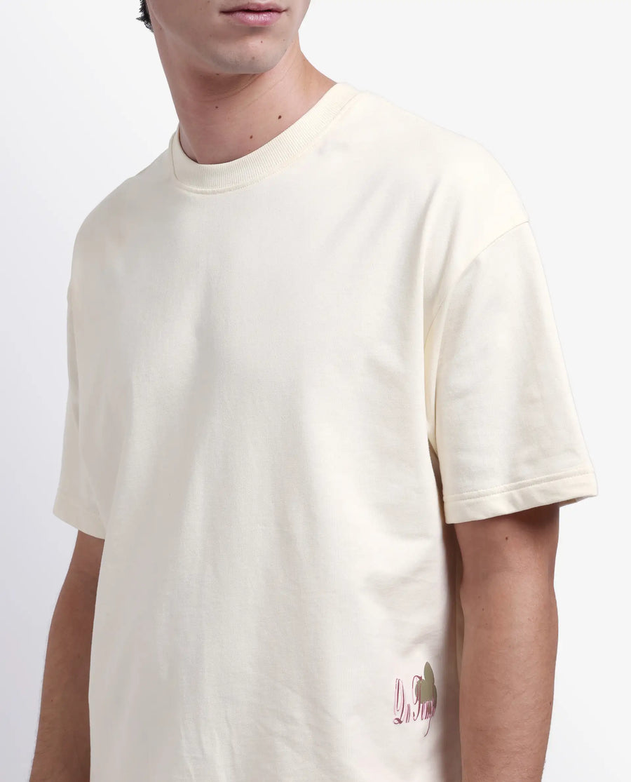 Rare Rabbit Men's Fluen Off White Cotton Graphic Print Oversized Fit Half Sleeve Crew Neck T-Shirt