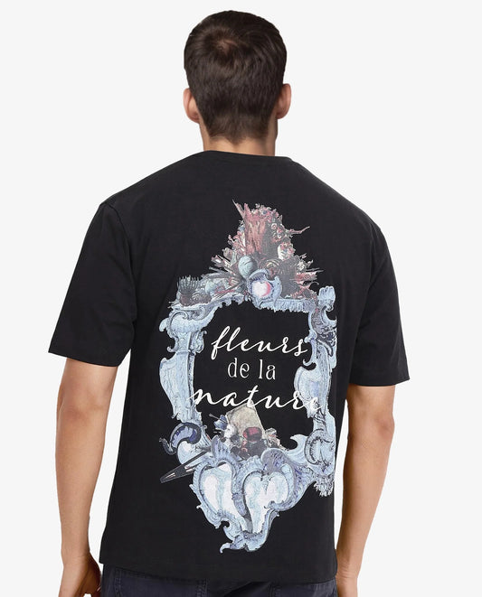 Rare Rabbit Men's Fluers Black Cotton Graphic Print Oversized Fit Half Sleeve Crew Neck T-Shirt