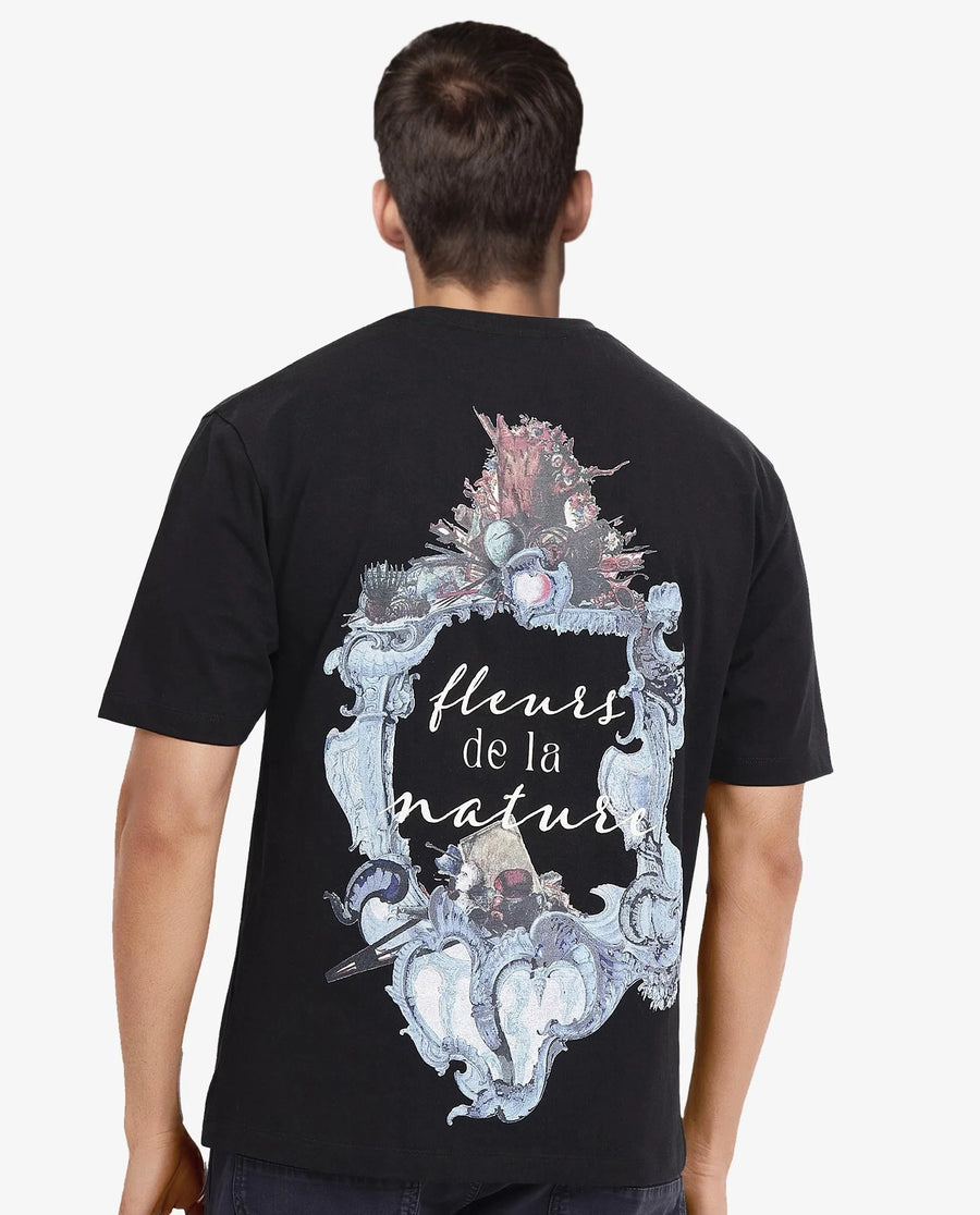 Rare Rabbit Men's Fluers Black Cotton Graphic Print Oversized Fit Half Sleeve Crew Neck T-Shirt
