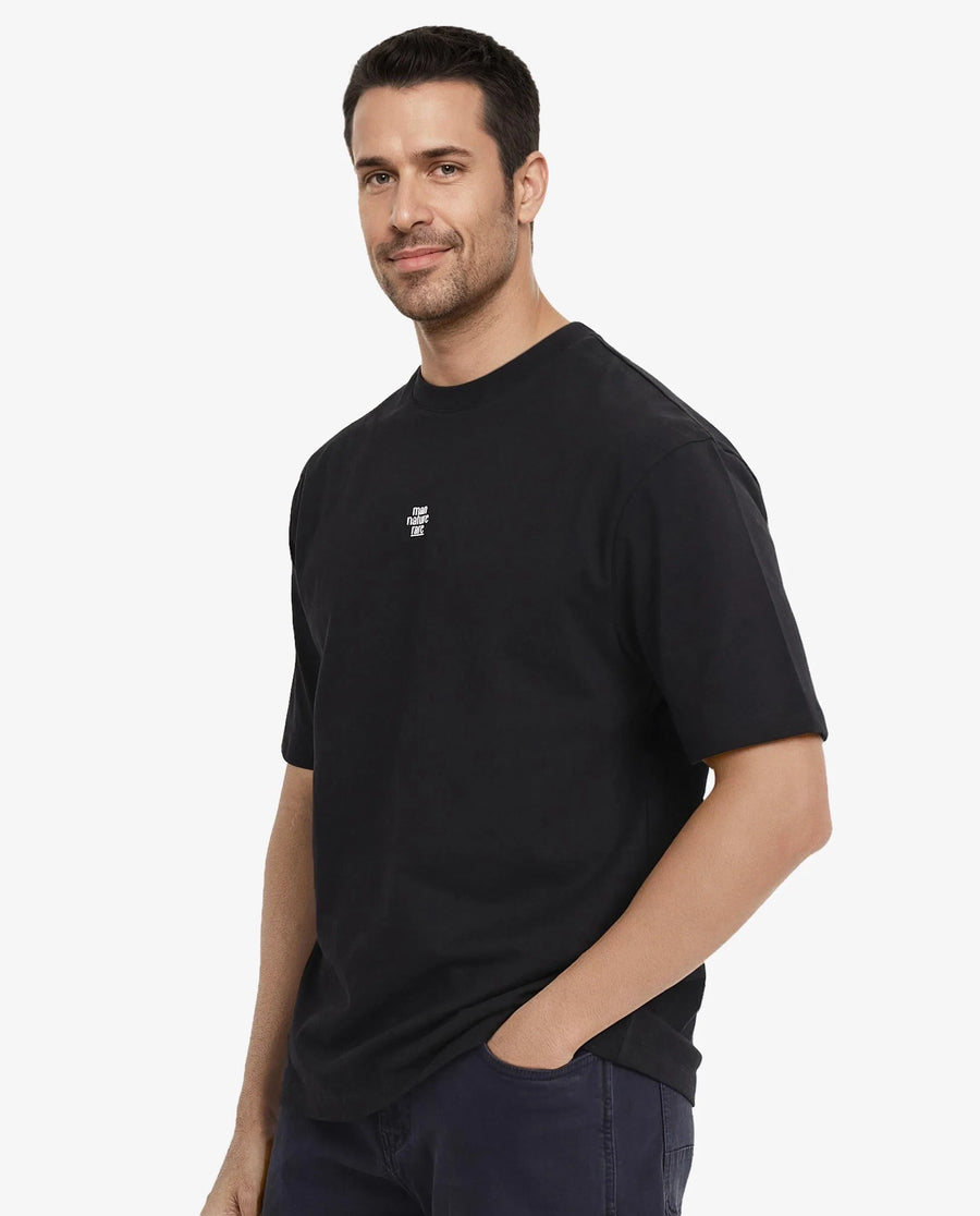 Rare Rabbit Men's Fluers Black Cotton Graphic Print Oversized Fit Half Sleeve Crew Neck T-Shirt