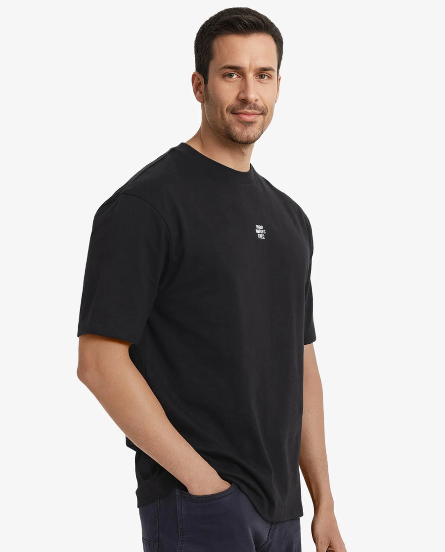 Rare Rabbit Men's Fluers Black Cotton Graphic Print Oversized Fit Half Sleeve Crew Neck T-Shirt