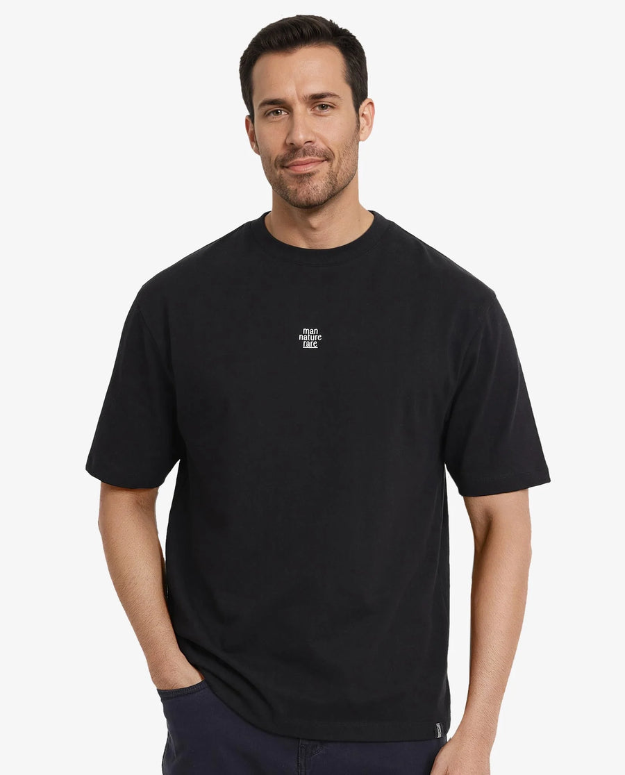 Rare Rabbit Men's Fluers Black Cotton Graphic Print Oversized Fit Half Sleeve Crew Neck T-Shirt