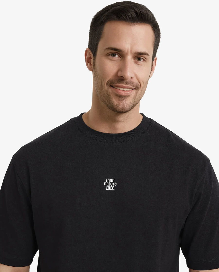 Rare Rabbit Men's Fluers Black Cotton Graphic Print Oversized Fit Half Sleeve Crew Neck T-Shirt