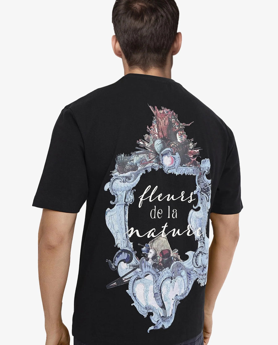 Rare Rabbit Men's Fluers Black Cotton Graphic Print Oversized Fit Half Sleeve Crew Neck T-Shirt
