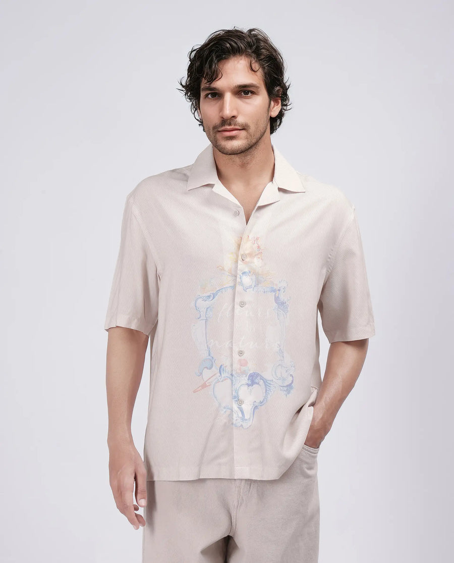 Rare Rabbit Men's Fluerst Beige Cotton Abstract Print Boxy Fit Half Sleeve Cuban Collar Shirt