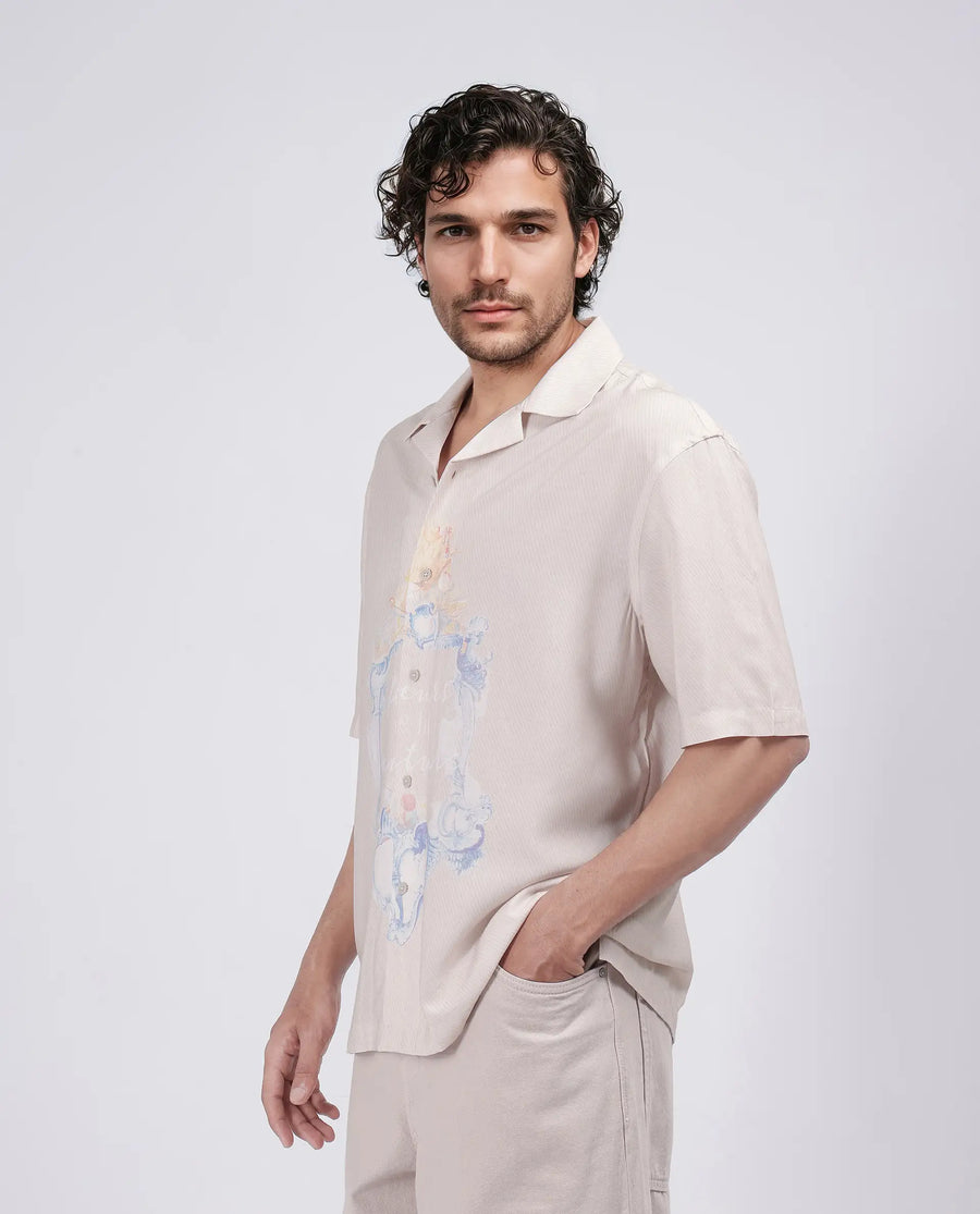 Rare Rabbit Men's Fluerst Beige Cotton Abstract Print Boxy Fit Half Sleeve Cuban Collar Shirt