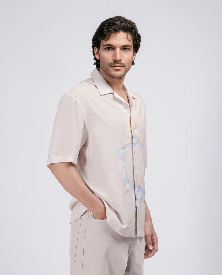 Rare Rabbit Men's Fluerst Beige Cotton Abstract Print Boxy Fit Half Sleeve Cuban Collar Shirt