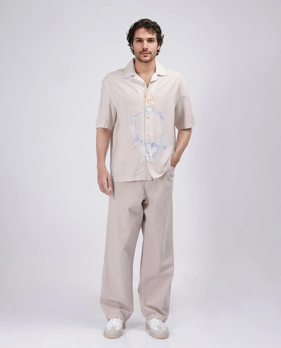 Rare Rabbit Men's Fluerst Beige Cotton Abstract Print Boxy Fit Half Sleeve Cuban Collar Shirt