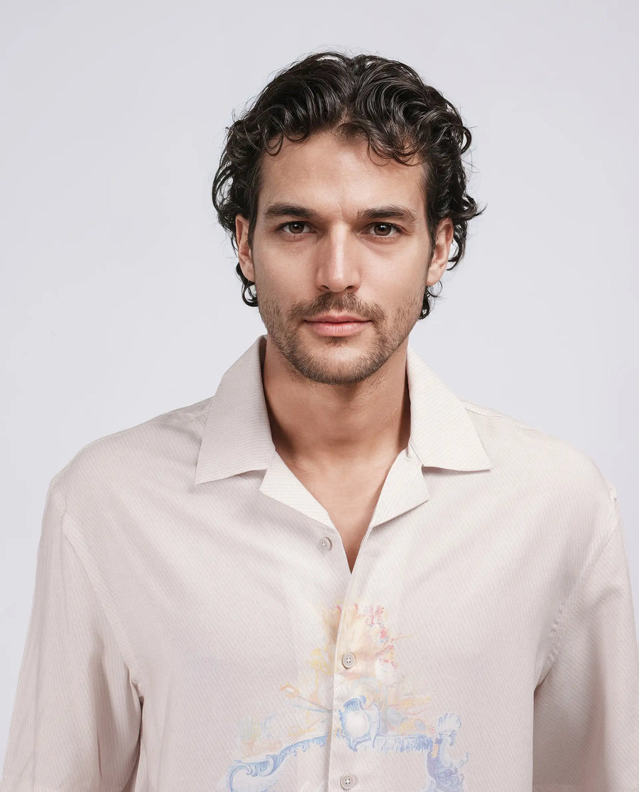 Rare Rabbit Men's Fluerst Beige Cotton Abstract Print Boxy Fit Half Sleeve Cuban Collar Shirt