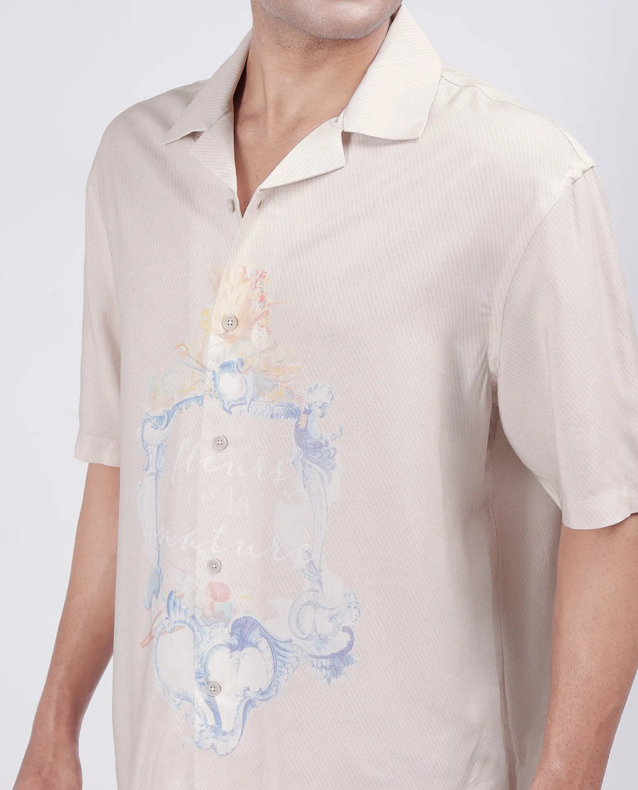 Rare Rabbit Men's Fluerst Beige Cotton Abstract Print Boxy Fit Half Sleeve Cuban Collar Shirt