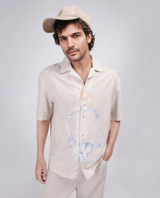 Rare Rabbit Men's Fluerst Beige Cotton Abstract Print Boxy Fit Half Sleeve Cuban Collar Shirt