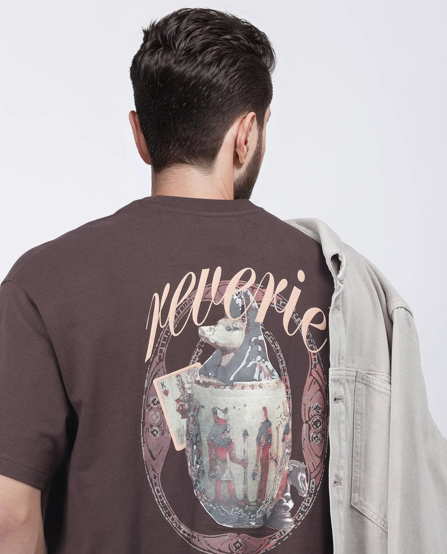 Rare Rabbit Men's Fluen Brown Cotton Graphic Print Oversized Fit Half Sleeve Crew Neck T-Shirt