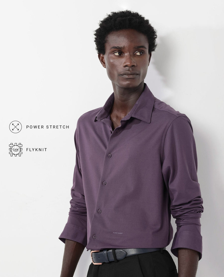 Rare Rabbit Men's Flyknit Dark Purple Cotton Plain Regular Fit Full Sleeve Collared Shirt