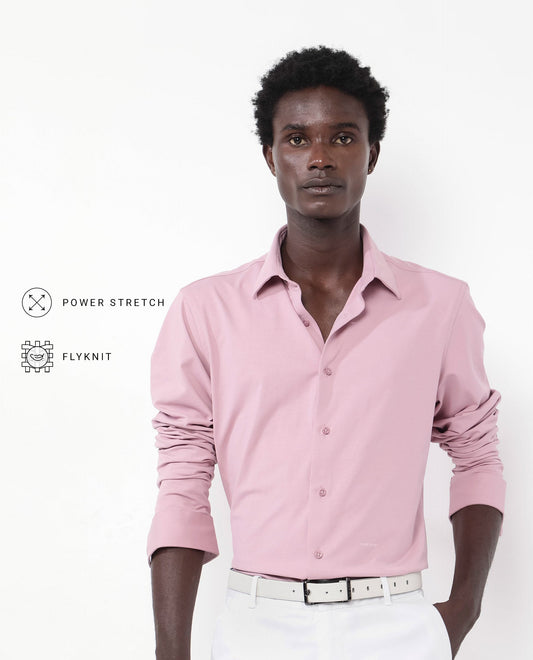 Rare Rabbit Men's Flyknit Dusky Pink Cotton Plain Regular Fit Full Sleeve Collared Shirt