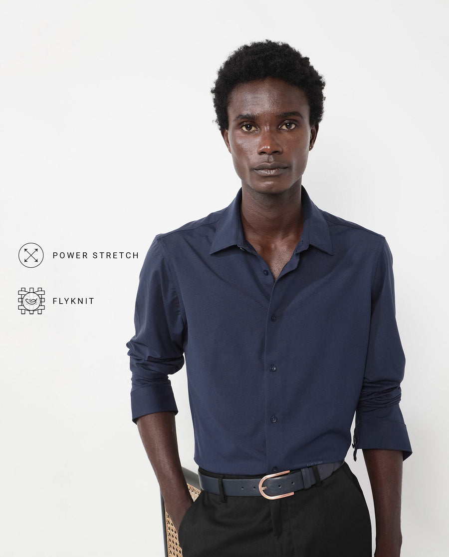 Rare Rabbit Men's Flyknit Navy Cotton Plain Regular Fit Full Sleeve Collared Shirt