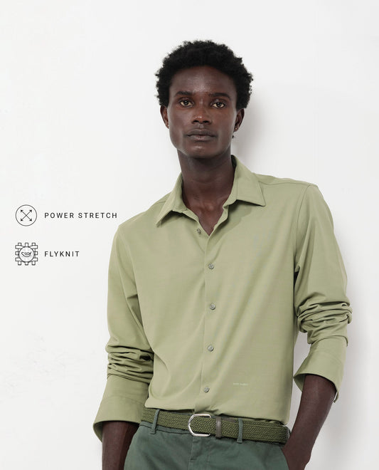 Rare Rabbit Men's Flyknit Pastel Green Cotton Plain Regular Fit Full Sleeve Collared Shirt