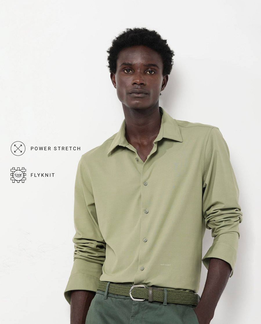 Rare Rabbit Men's Flyknit Pastel Green Cotton Plain Regular Fit Full Sleeve Collared Shirt