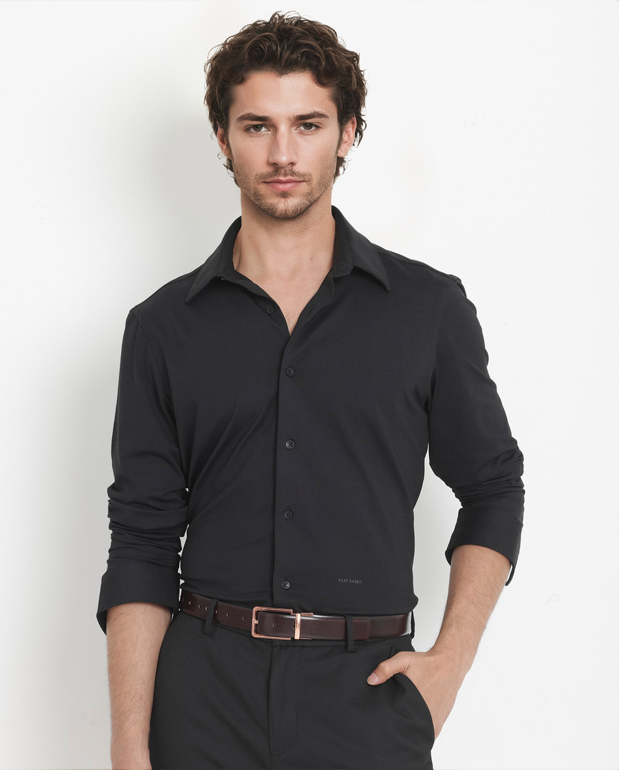 Rare Rabbit Men's Flyknit Black Cotton Plain Regular Fit Full Sleeve Collared Shirt