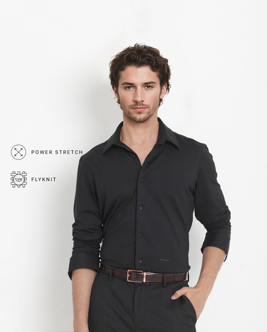 Rare Rabbit Men's Flyknit Black Cotton Plain Regular Fit Full Sleeve Collared Shirt