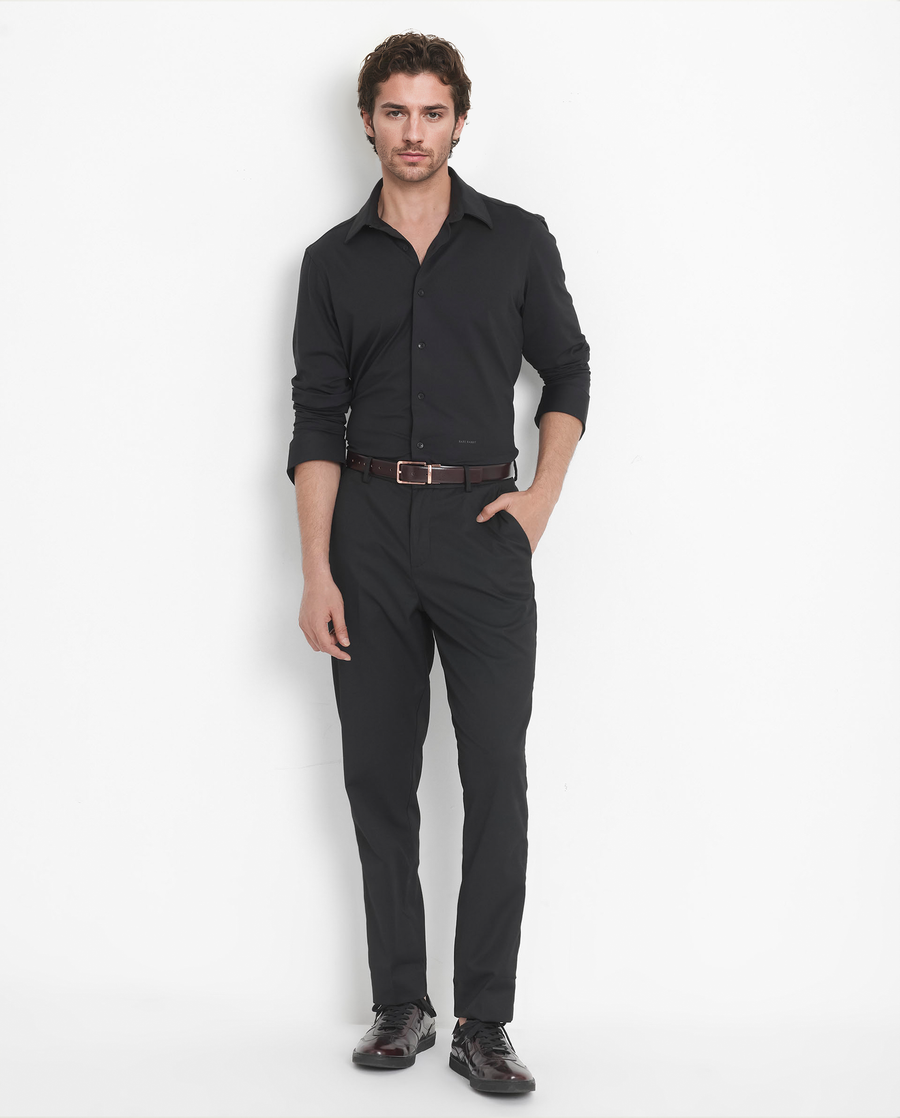 Rare Rabbit Men's Flyknit Black Cotton Plain Regular Fit Full Sleeve Collared Shirt