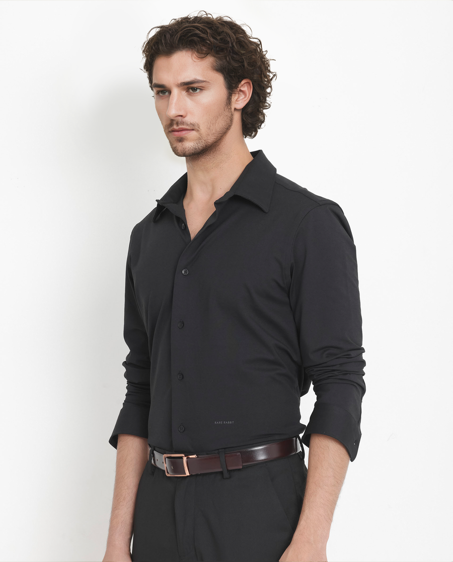 Rare Rabbit Men's Flyknit Black Cotton Plain Regular Fit Full Sleeve Collared Shirt