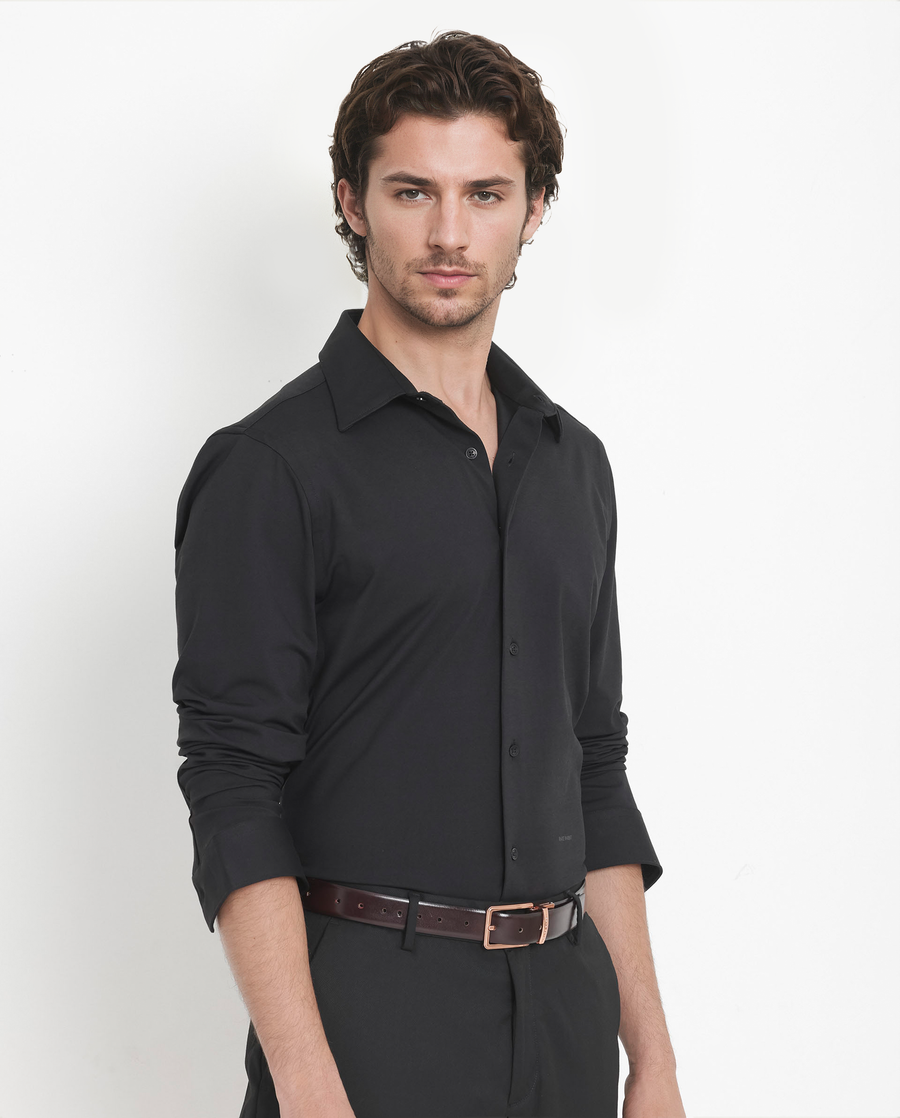 Rare Rabbit Men's Flyknit Black Cotton Plain Regular Fit Full Sleeve Collared Shirt